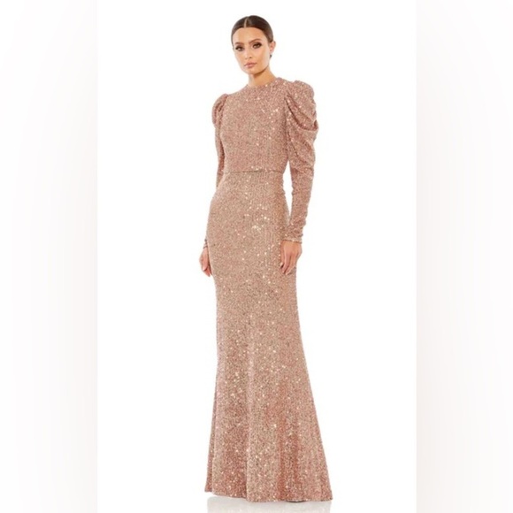 Mac Duggal High Neck Puff Sleeve Copper Evening Gown - Picture 1 of 12